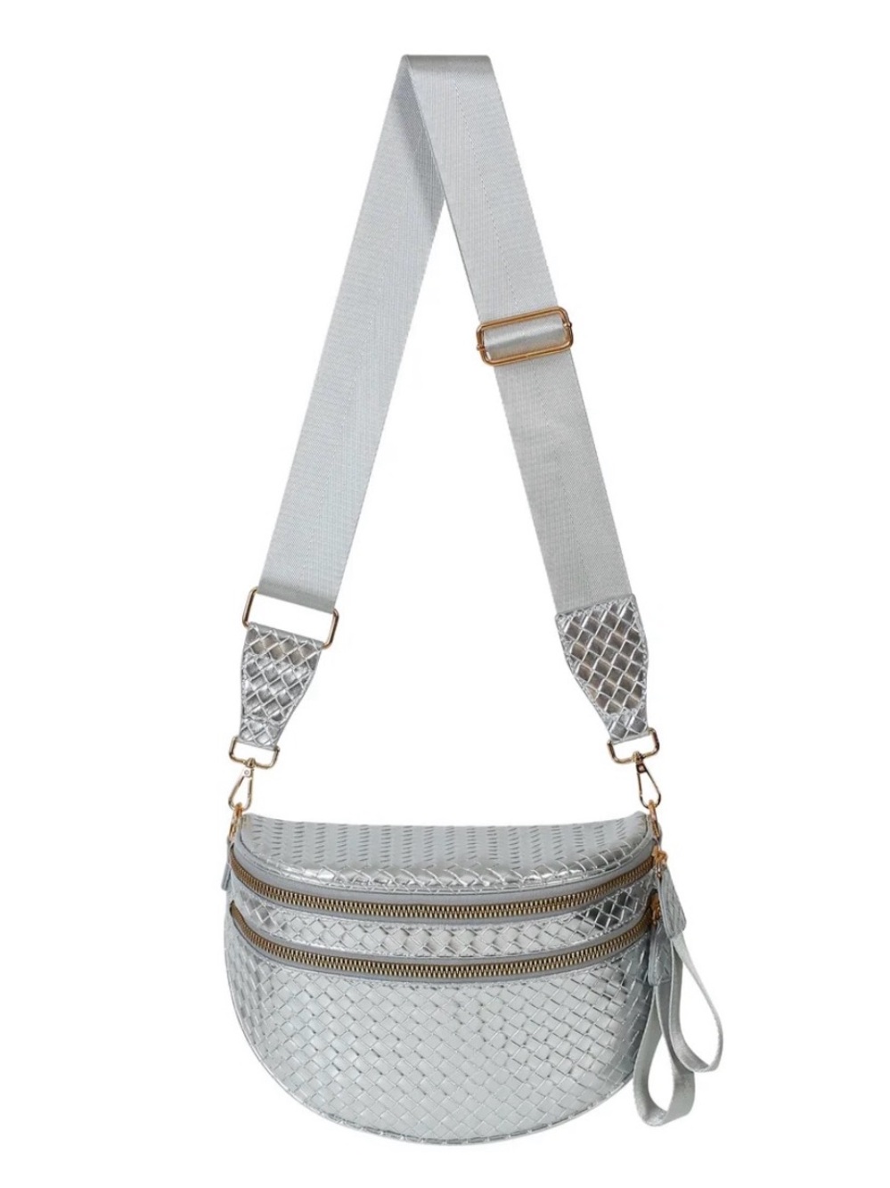 Emmafy Woven Metallic Silver Go Hands Free Crossbody Bag with Wide Strap New
